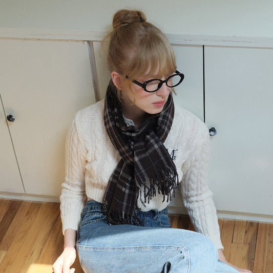 Brown Plaid Wool Blend Scarf with Fringes