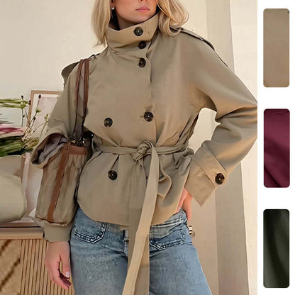 Trendy Solid Color Double-Breasted Waist Tie Short Coat