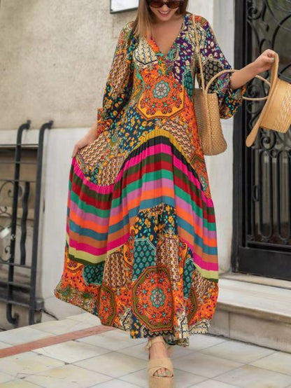 Positioning Printing Large Swing Super Long Ethnic Style Dress Women'S Pleated Summer New Temperament Long Skirt