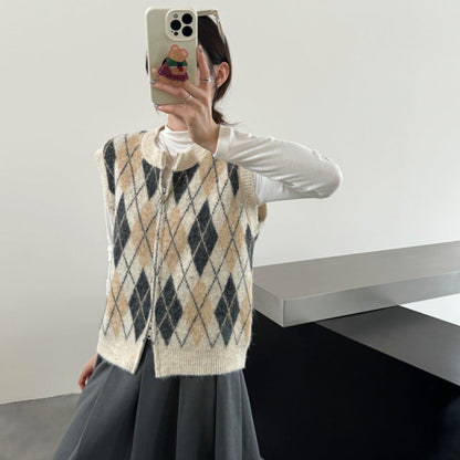 Diamond Knit Vest Cardigan Lightweight Polyester