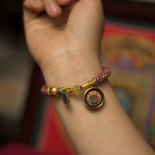 Tibetan Zajilam Small Tangka Bracelet With Regong Hand-Painted Tibetan Style Handwoven Gawu