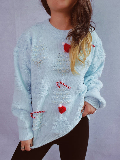 Solid Color Crew Neck Pearl Christmas Sweater