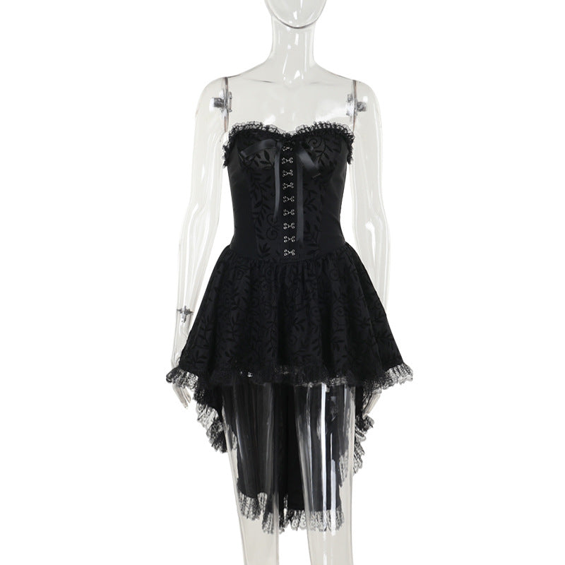 Black Lace Bowtie Strapless Midi Dress Sexy Chic Gown