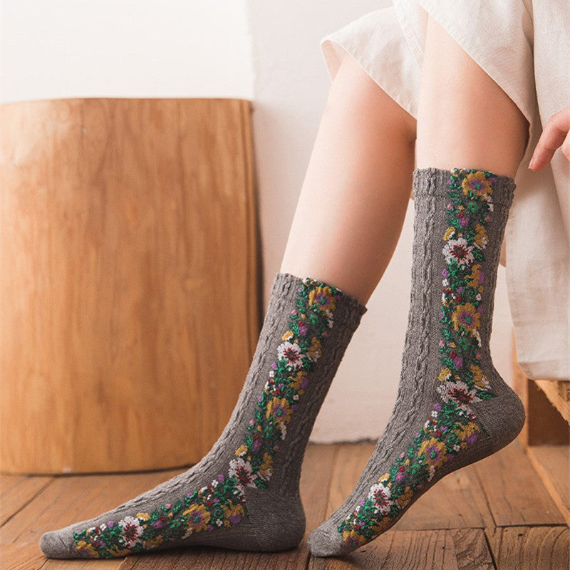 Retro Socks Women'S Tube Socks Ethnic Style Literary Forest Floral Japanese Pile Stockings Stockings