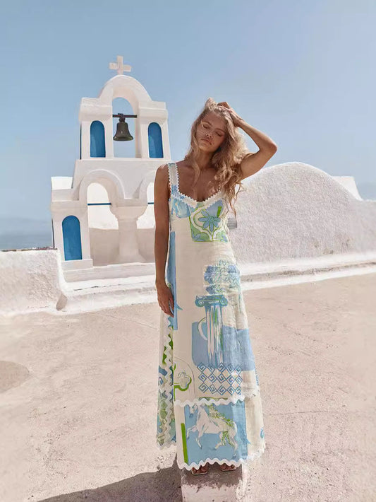 Floral Print Backless Bow Tie A-Line Dress