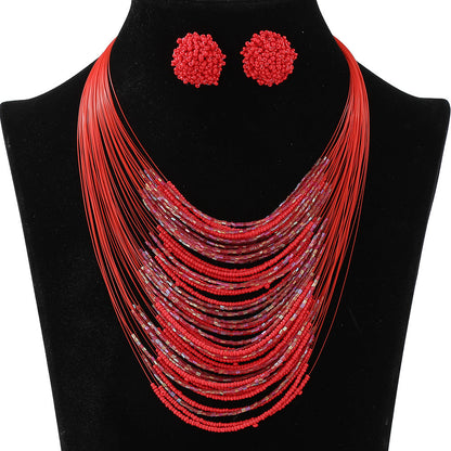 Bohemian Multi-Layer Beaded Necklace and Earring Set for Women