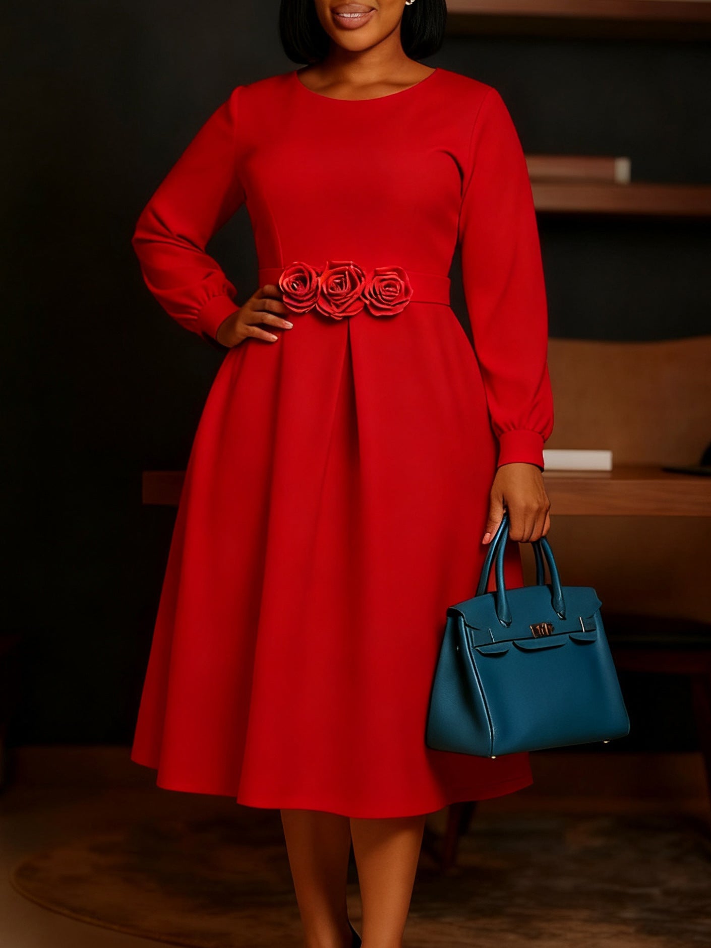 African Floral A-Line Dress Elegant Casual Long Sleeve