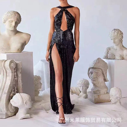 Sequined Halter Neck Dress Elegant Evening Gown