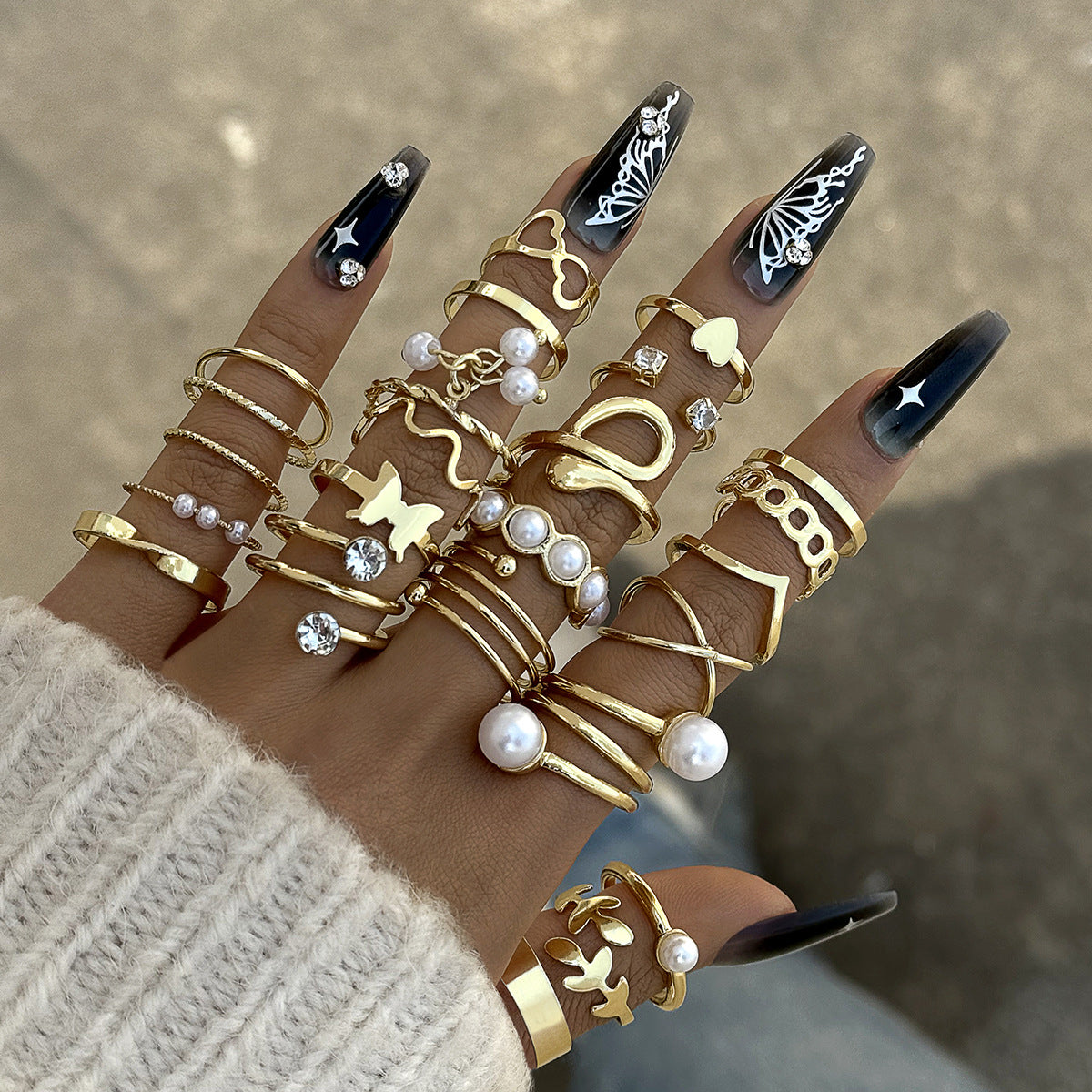 Trendy Leaf Heart Rings Geometric Pearl Joint Stacking Ring Set