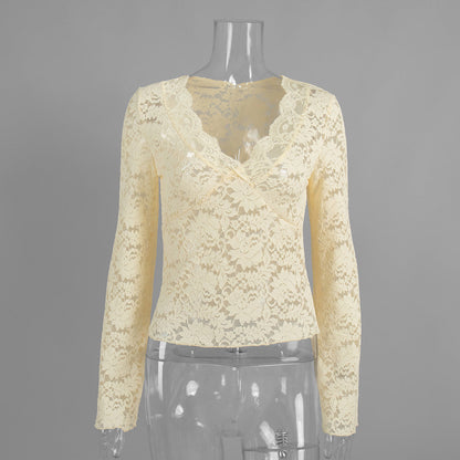Lace V-Neck Long Sleeve Shirt Sexy Sheer Top