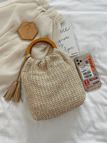 Trendy Round Wood Handle Tote Bag With Tassels