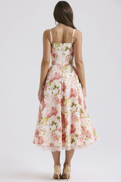 Slim Flower Print Lace Spaghetti Dress
