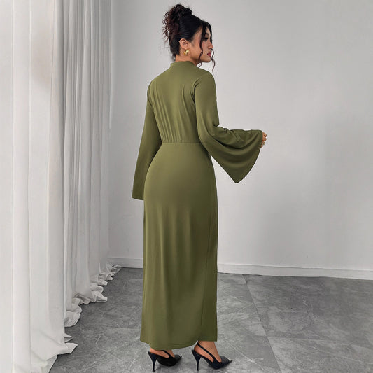 High Waist Solid Color Bodycon Dress With Ruffle Sleeves