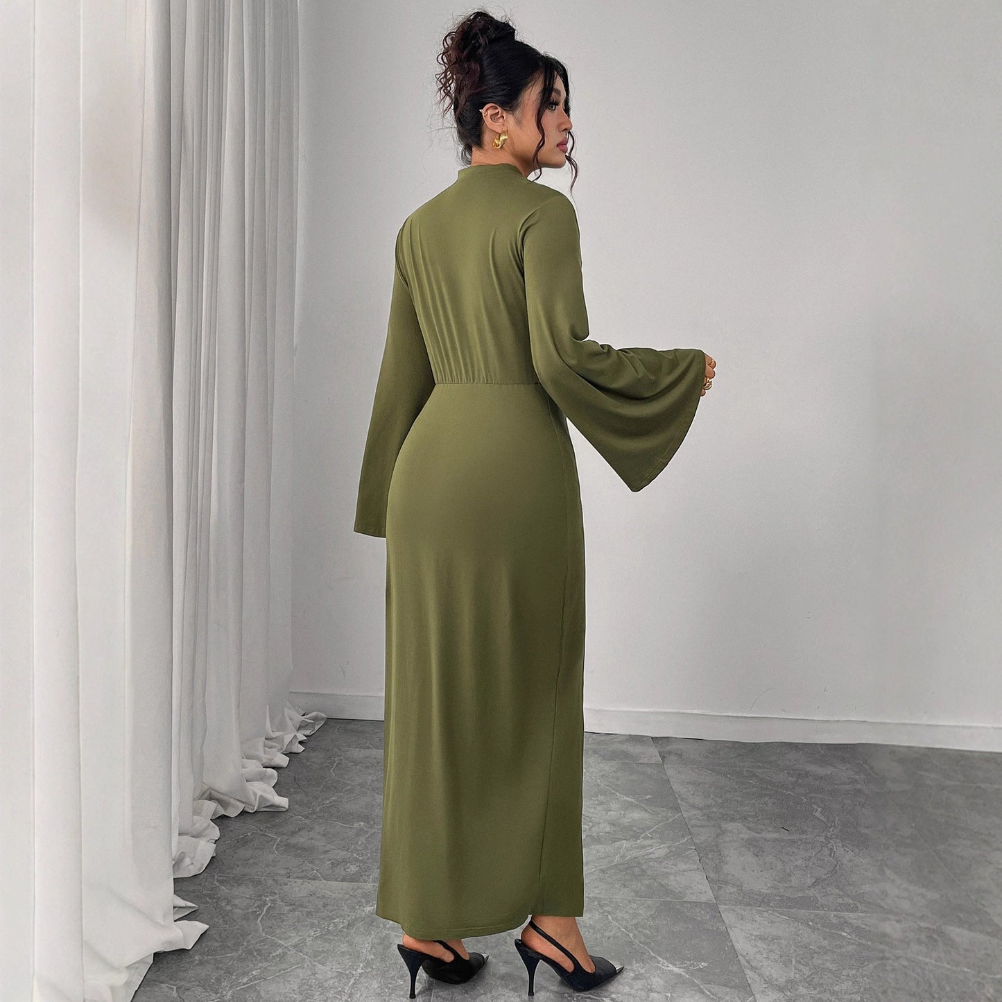 High Waist Solid Color Bodycon Dress With Ruffle Sleeves