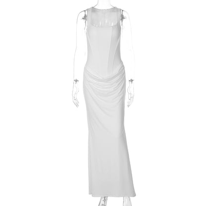 Elegant U-Neck Long Dress with Ruching