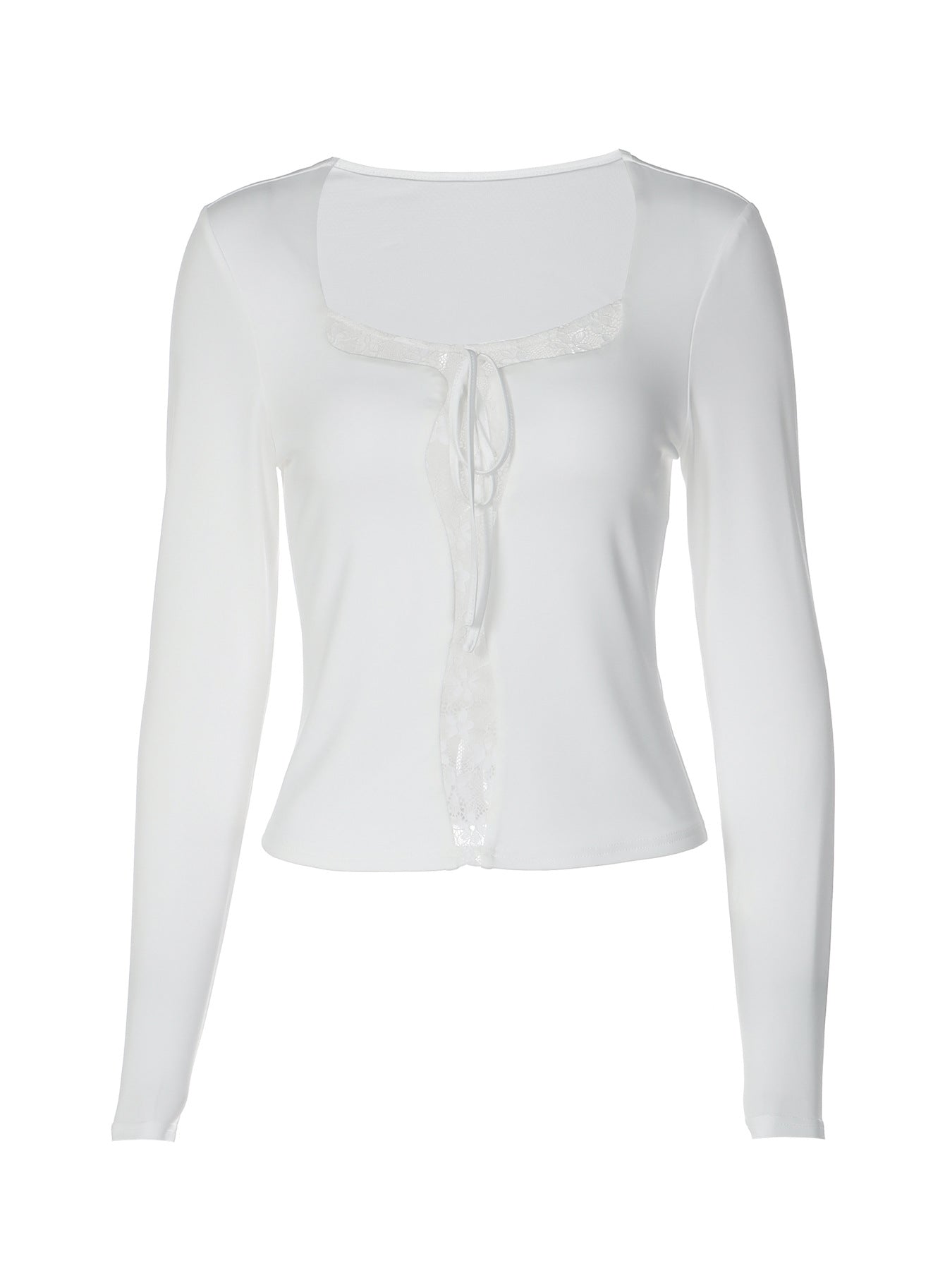 Lace Trim Square Neck Long Sleeve T-Shirt for Women