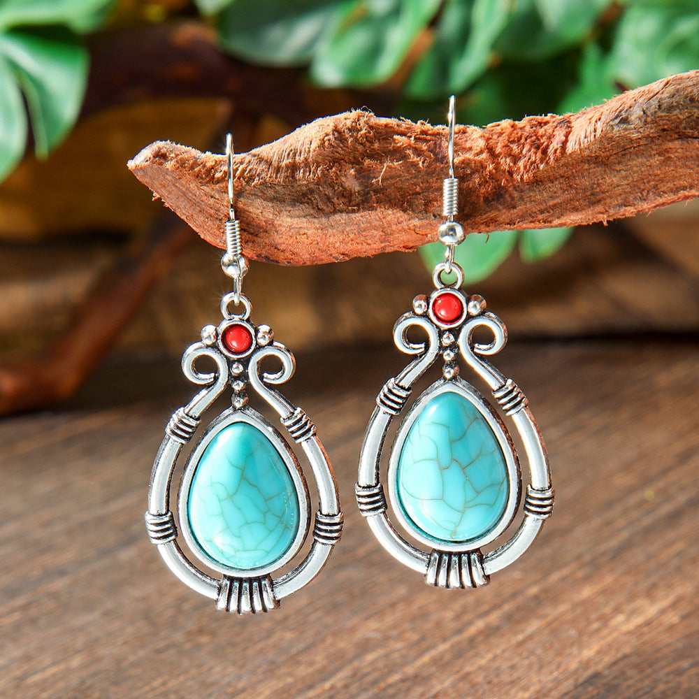 Bohemian Style Turquoise Earrings Set Oval Tassel Dangle Jewelry