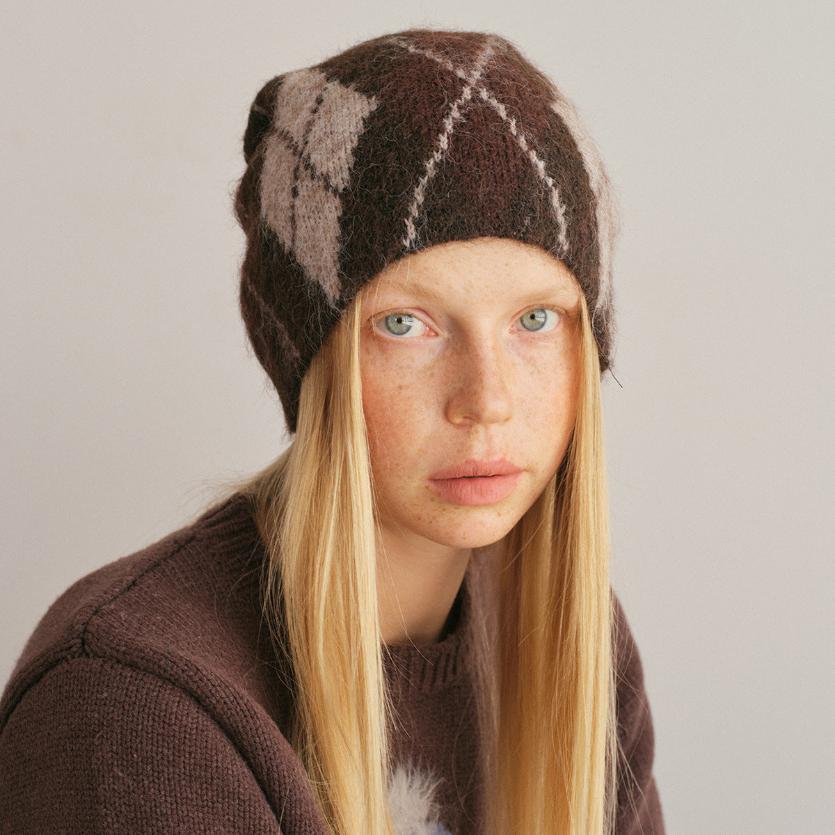 Wool Blend Diamond Pattern Knit Beanie for Women