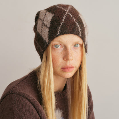 Wool Blend Diamond Pattern Knit Beanie for Women