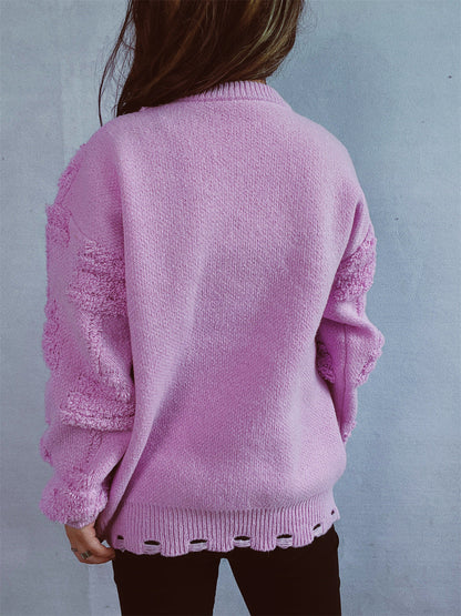 Solid Color Crew Neck Pearl Christmas Sweater