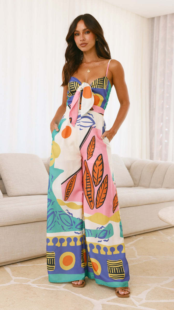 New Waist-Tie Wide Leg Jumpsuit in Blue Green Yellow
