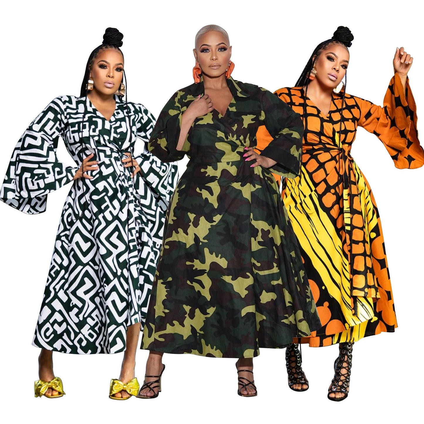 Plus Size African Casual Tie-Front Maxi Dress