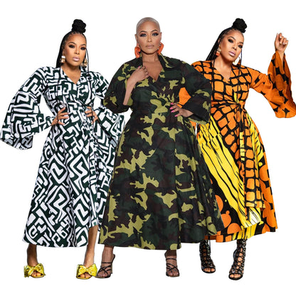 Plus Size African Casual Tie-Front Maxi Dress