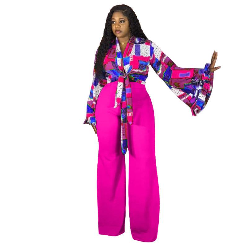 Floral Print Bell Sleeve Top And Wide-Leg Pants Set