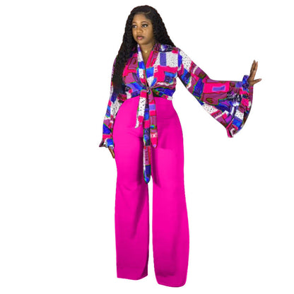 Floral Print Bell Sleeve Top And Wide-Leg Pants Set