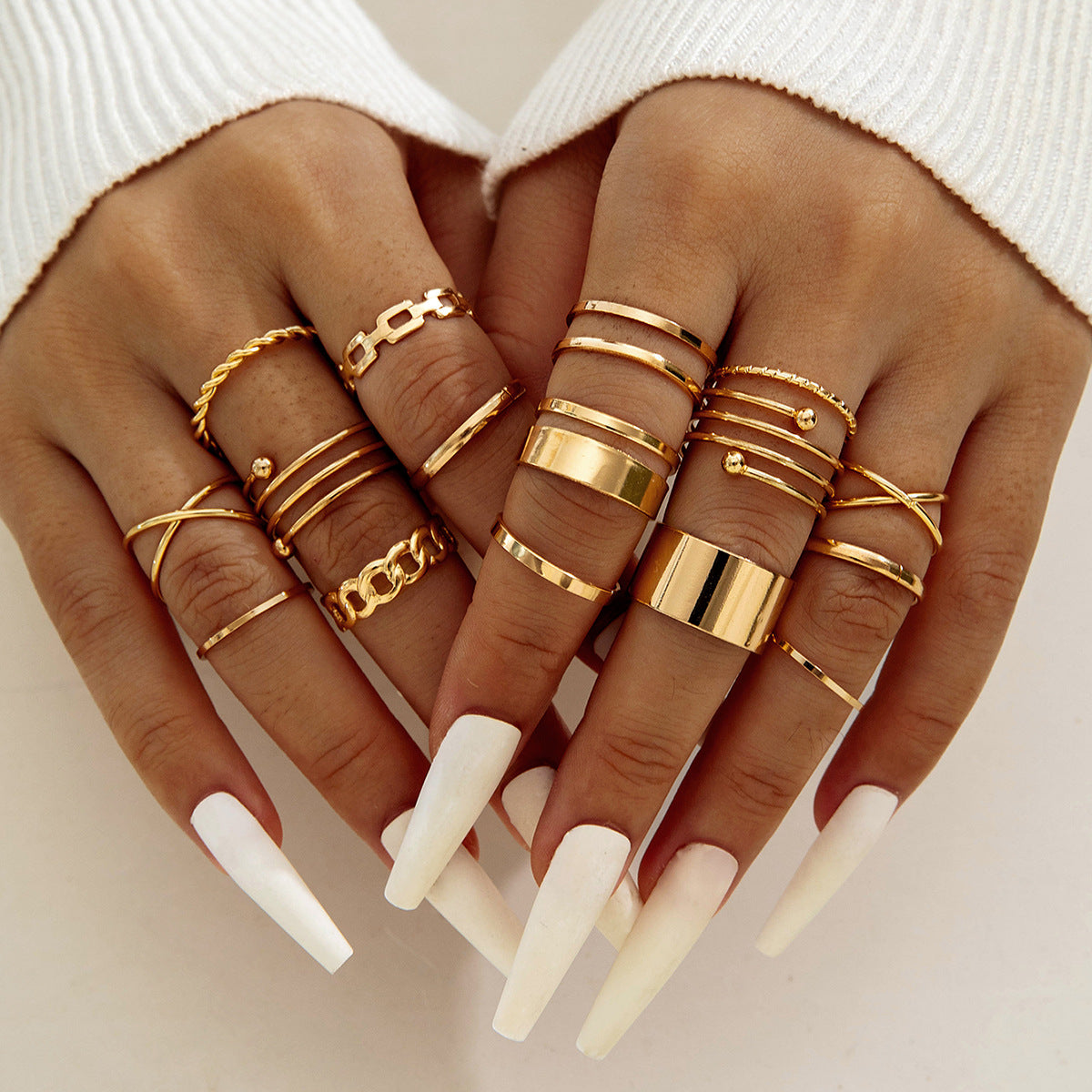 Trendy Leaf Heart Rings Geometric Pearl Joint Stacking Ring Set