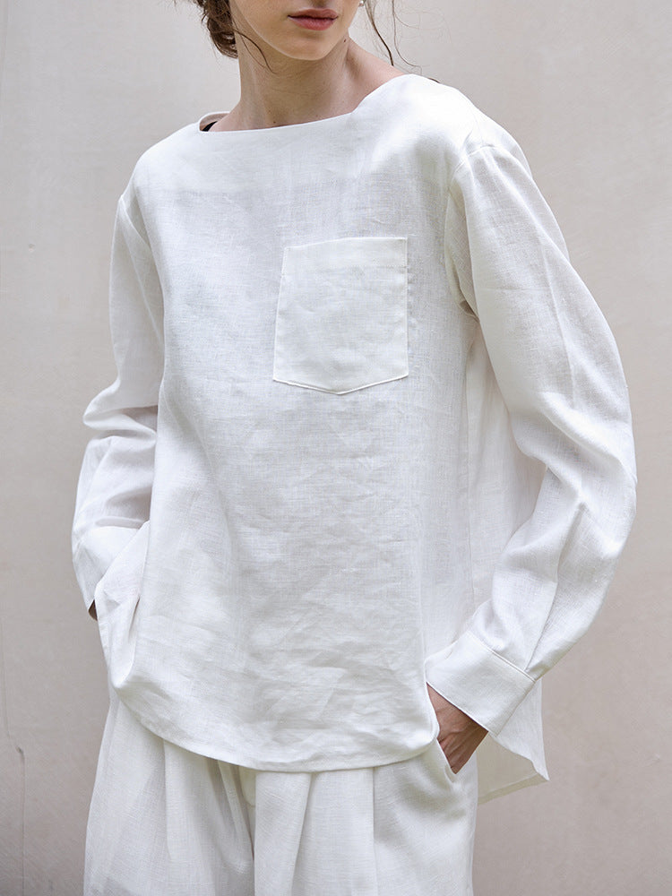 Loose Fit One-Shoulder Long Sleeve Linen Top for Women