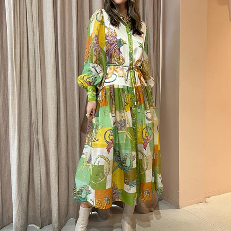 Elegant Floral Print Lantern Sleeve Maxi Dress