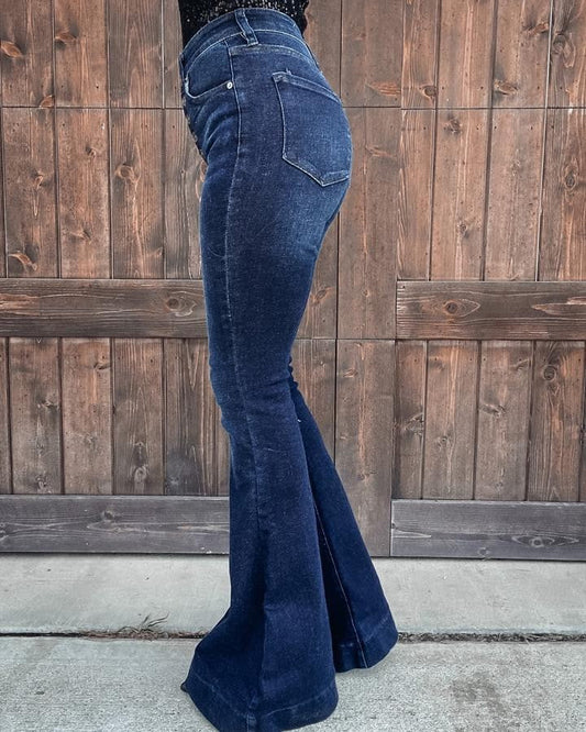 High-Waisted Flared Jeans Trendy Casual Denim Pants