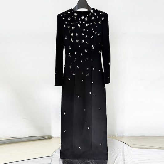Elegant Beaded Long Sleeve Maxi Dress For Special Occasions