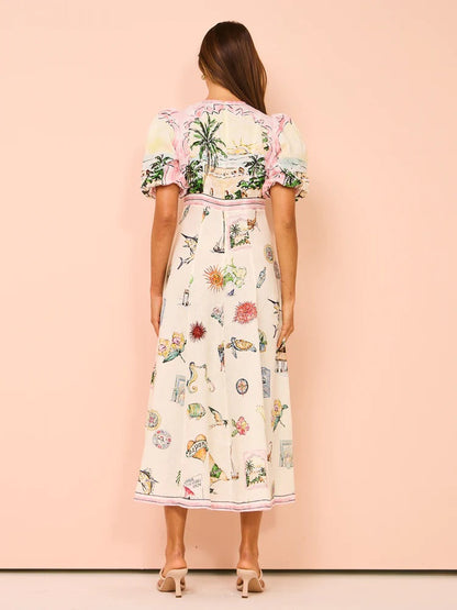 Elegant Floral Print Linen Midi Dress with Puff Sleeves