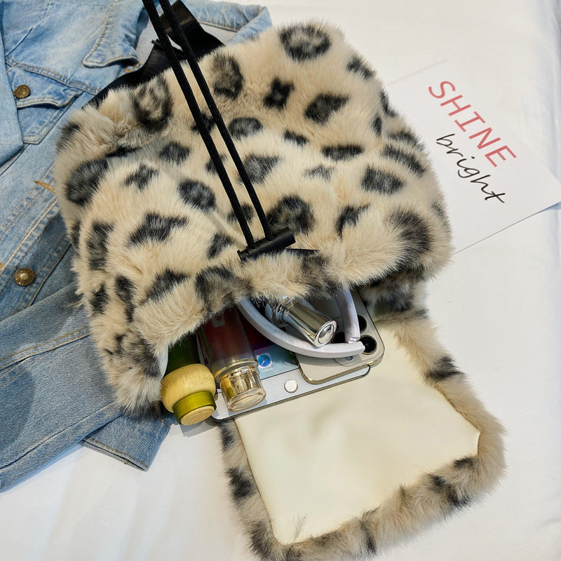 Leopard Print Plush Backpack Soft Fur Drawstring Bag