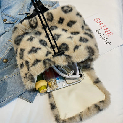 Leopard Print Plush Backpack Soft Fur Drawstring Bag