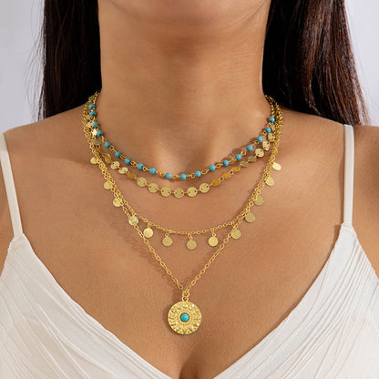 Geometric Layered Y-Shaped Alloy Necklace With Tassels And Rhinestones