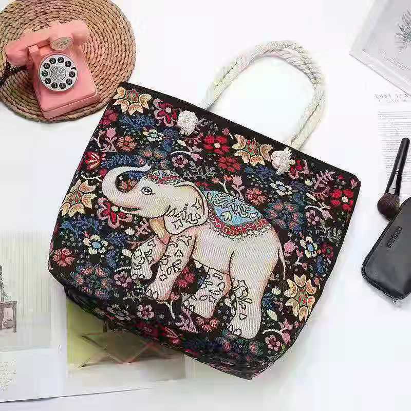 Double-Sided Ethnic Style Embroidery Bag Women'S Live Embroidery Peacock Elephant Canvas Bag