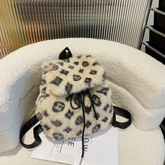 Leopard Print Plush Backpack Soft Fur Drawstring Bag