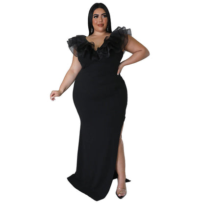 Solid Color Bodycon Dress Elegant V-Neck Long Dress