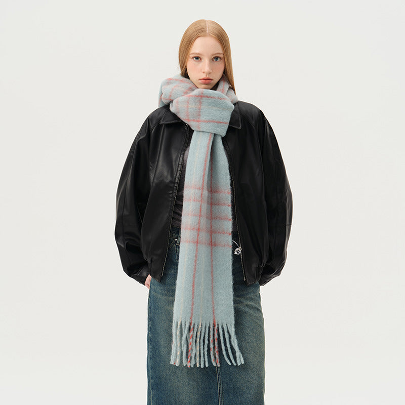 Macaron Color Fringed Check Scarf Soft Wool Blend Shawl