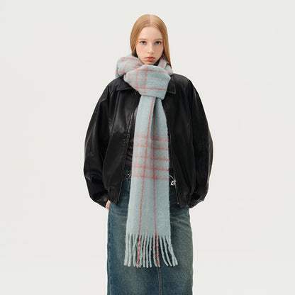 Macaron Color Fringed Check Scarf Soft Wool Blend Shawl
