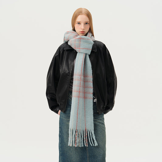 Macaron Color Fringed Check Scarf Soft Wool Blend Shawl