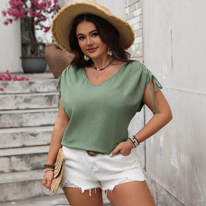 V-Neck Drawstring Short Sleeve Loose Top for Women