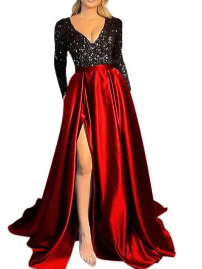 Sequin V-Neck Flared Long Dress With Side Slit