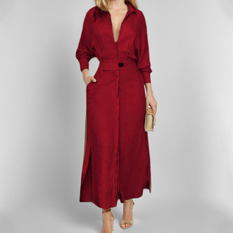 Women's Elegant V-Neck Maxi Dress with Belted Waist
