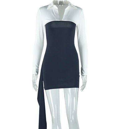 Black And White Color Block Shirt Dress With Asymmetric Hem