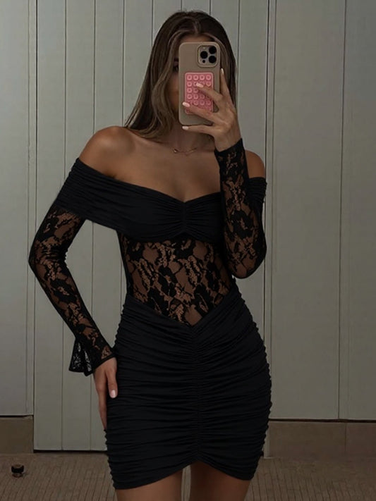 Sexy Lace Trimmed Chest Wrap Mini Dress