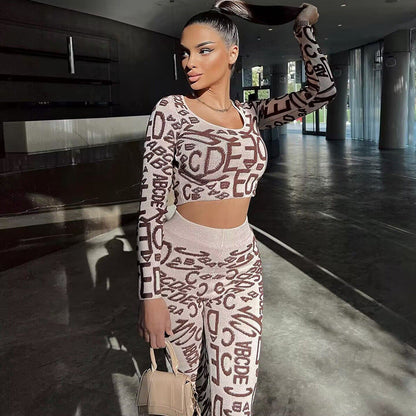 Trendy Letter Print Round Neck Long Sleeve Top & High-Waisted Leggings Set